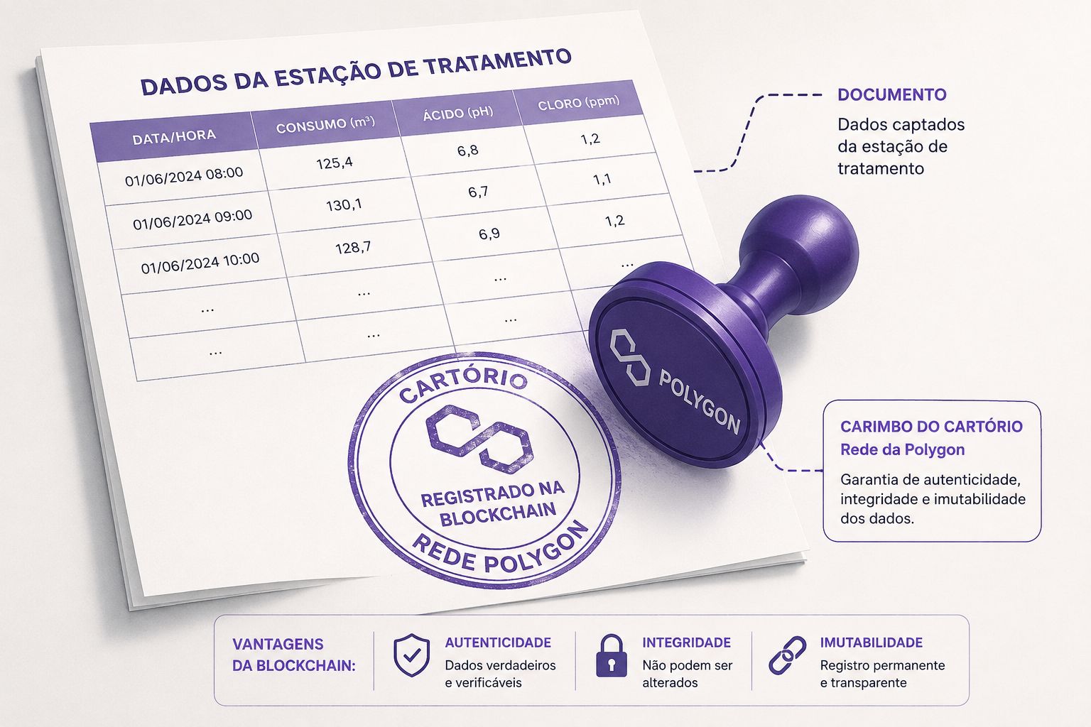 Dados da estação de tratamento sendo notarizados na blockchain Polygon